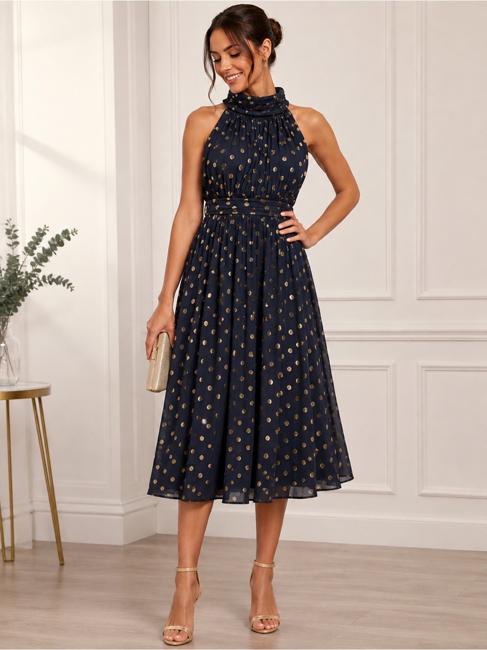 Tommy Hilfiger Navy Gold Metallic Polka Dot Halter Maxi Dress Size 10